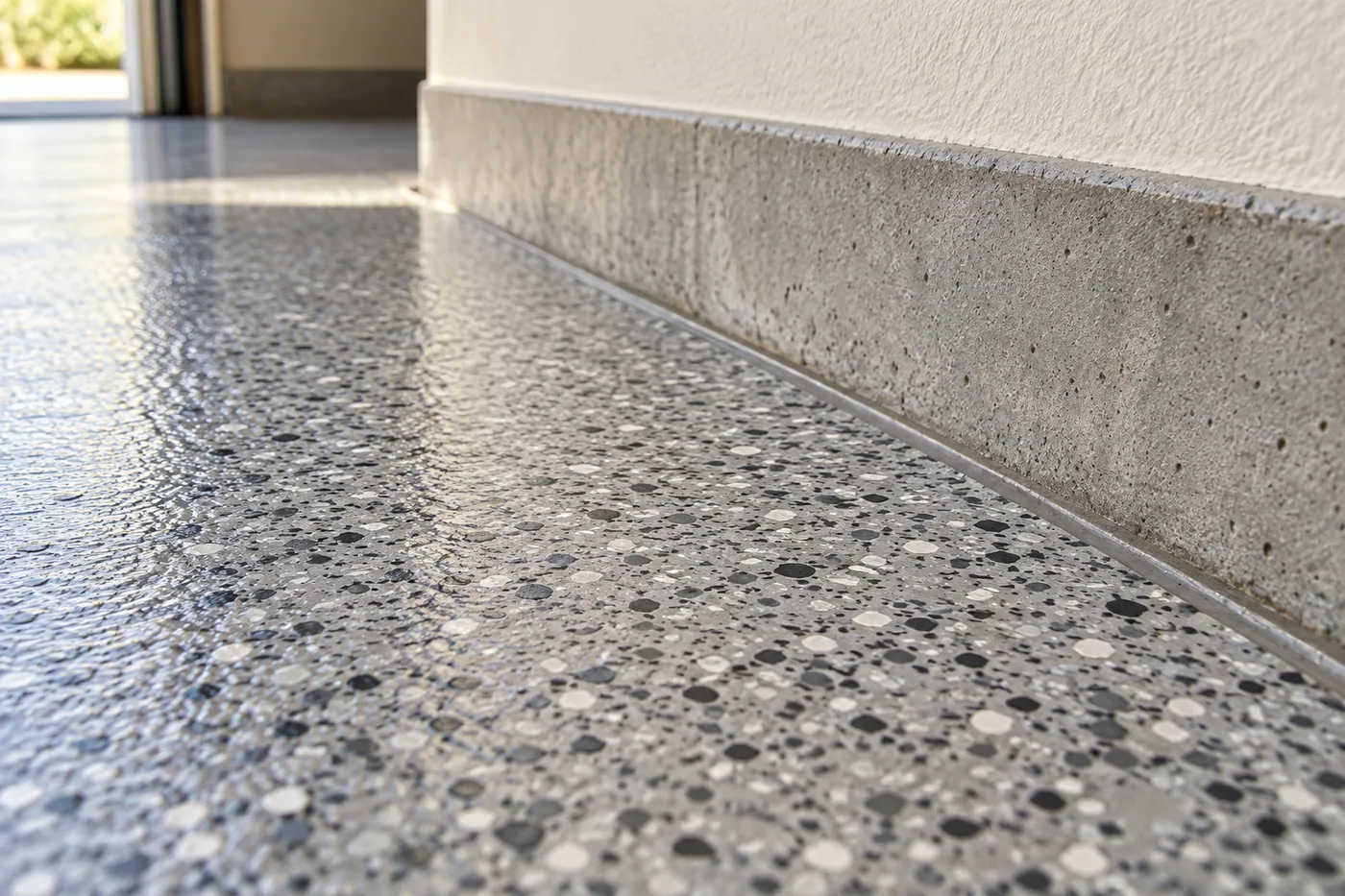 Satin gray decorative flake texture beside a wall and edge joint